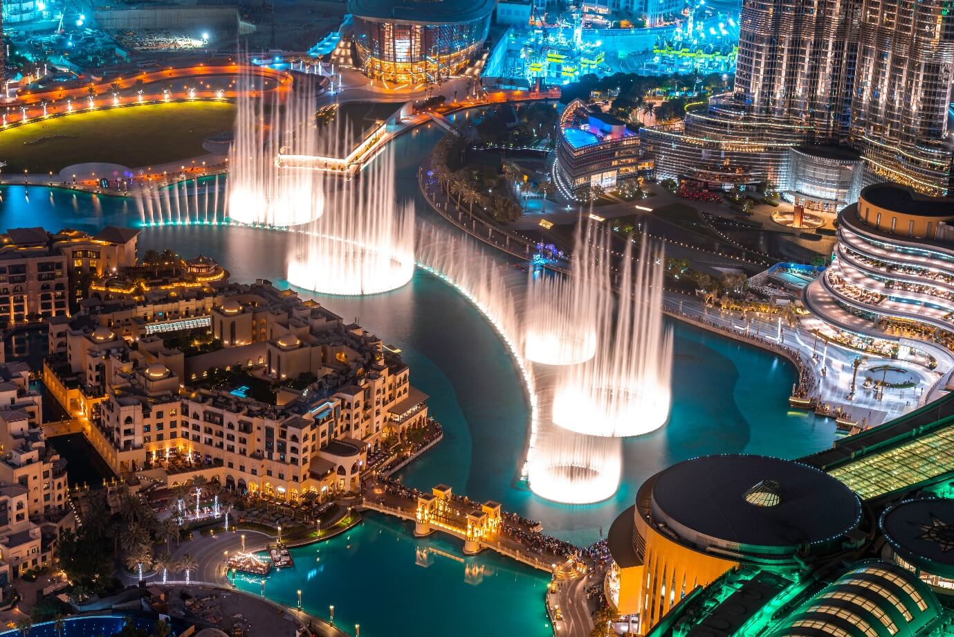 Dubai Dancing fountain show. Magical view at night. Tourist attraction. Luxury travel inspiration.